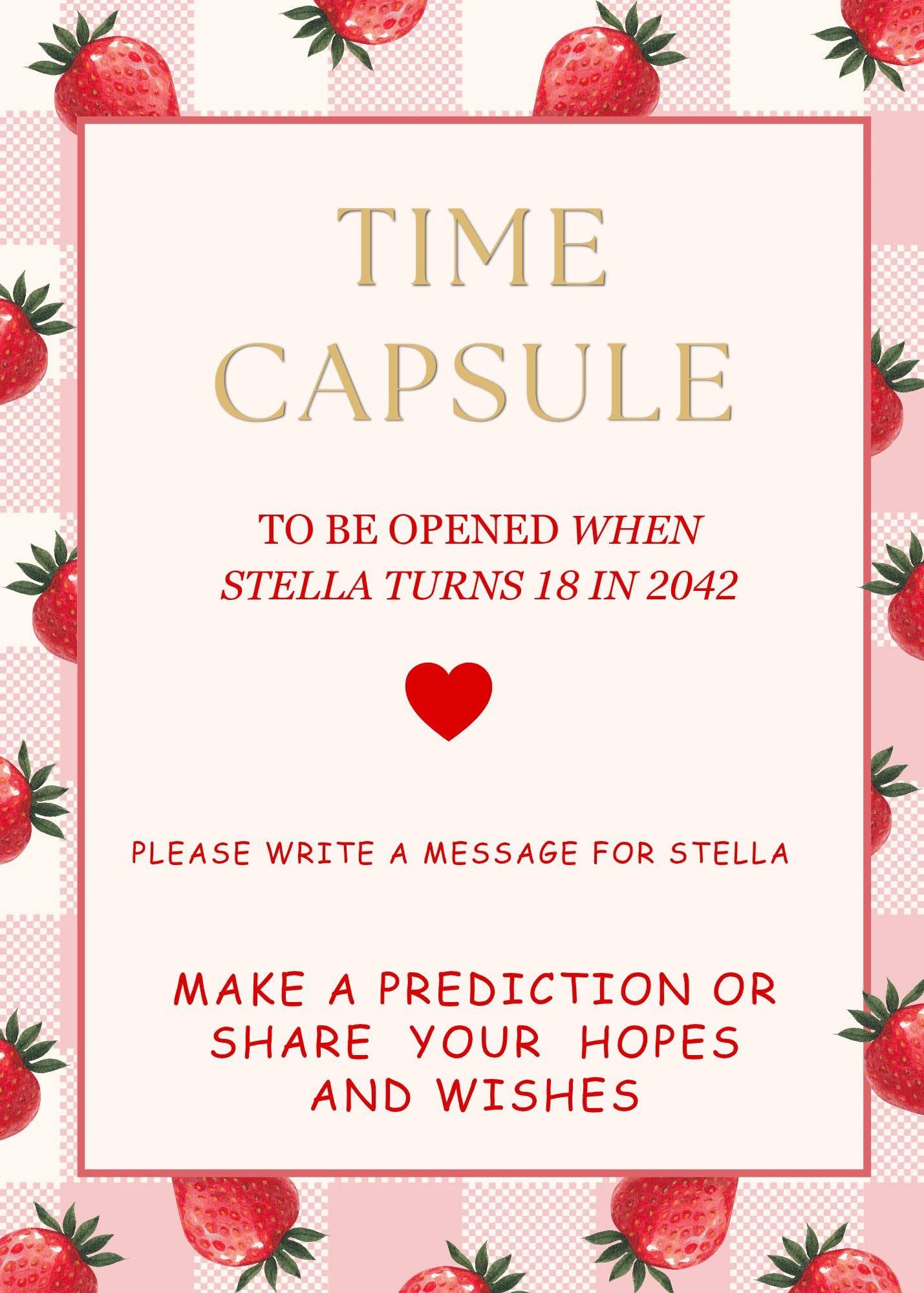 Pink and red strawberry-themed time capsule design provided to Annie Robinson Photography to design a complimentary birthday session theme.