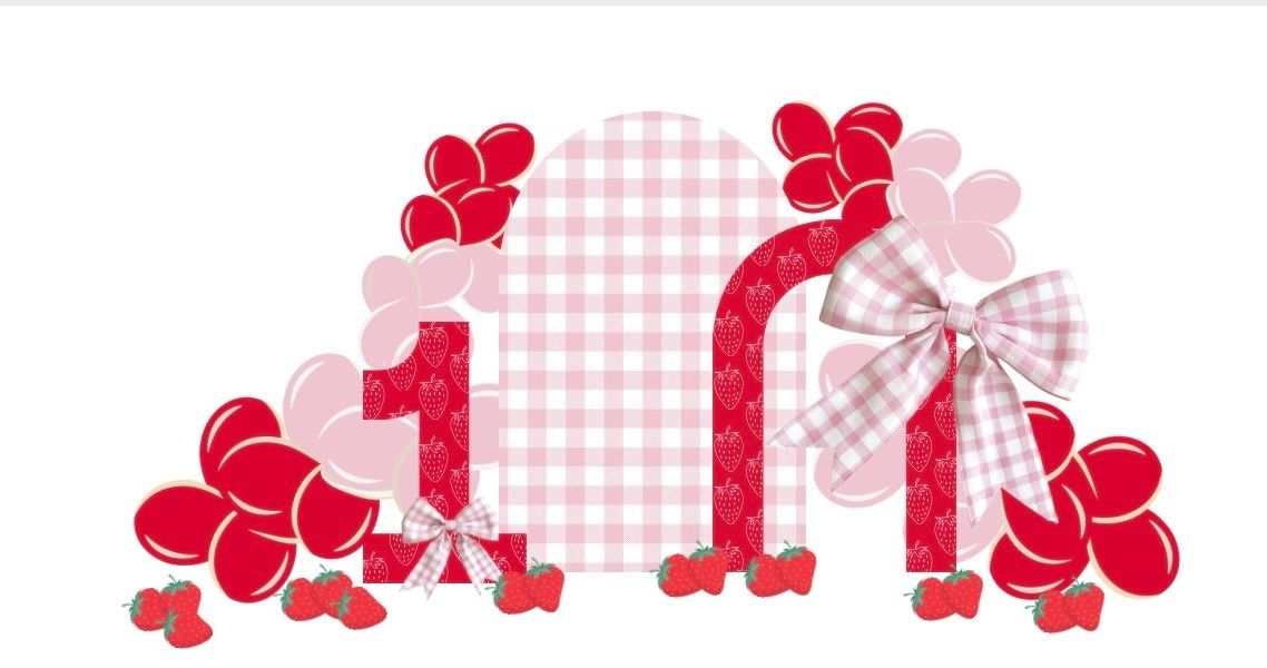 A red & pink strawberry themed design mockup created for a 1st birthday photoshoot by Annie Robinson Photography of Pittsburg Ks & Joplin Mo