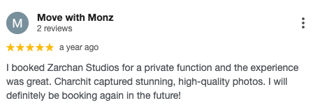 Five-star Google review praising Zarchan Studios for stunning high-quality photos at a private function.