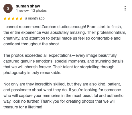 Five-star Google review praising Zarchan Studios photography for professionalism and storytelling talent.