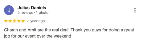 Five-star Google review thanking Charch and Amit for excellent event photography work.