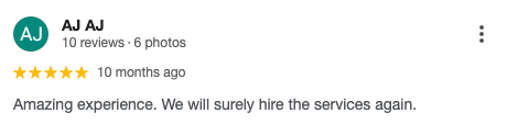 Five-star Google review by AJ praising Zarchan Studios for an amazing photography experience.