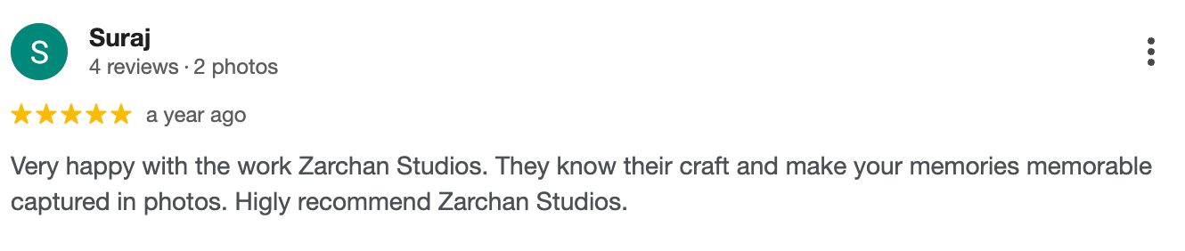 Five-star Google review recommending Zarchan Studios for memorable and skillfully captured photography.