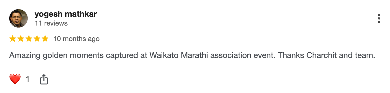 Five-star Google review praising Zarchan Studios for capturing golden moments at a Waikato Marathi event.
