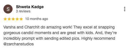 Five-star Google review praising Zarchan Studios photographers Varsha and Charchit for candid photography.