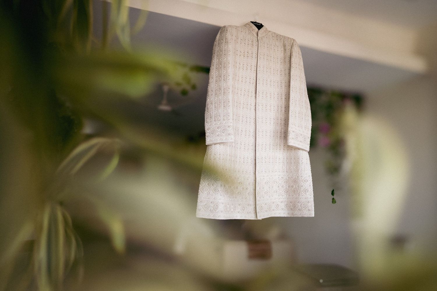 Traditional Indian sherwani hanging on hanger surrounded by green plants.