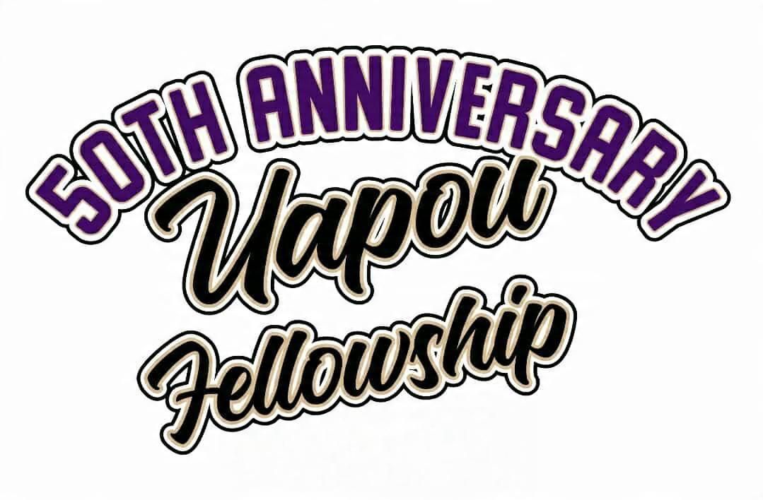 Logo for the 50th Anniversary Uapou Fellowship celebration in purple and black script.