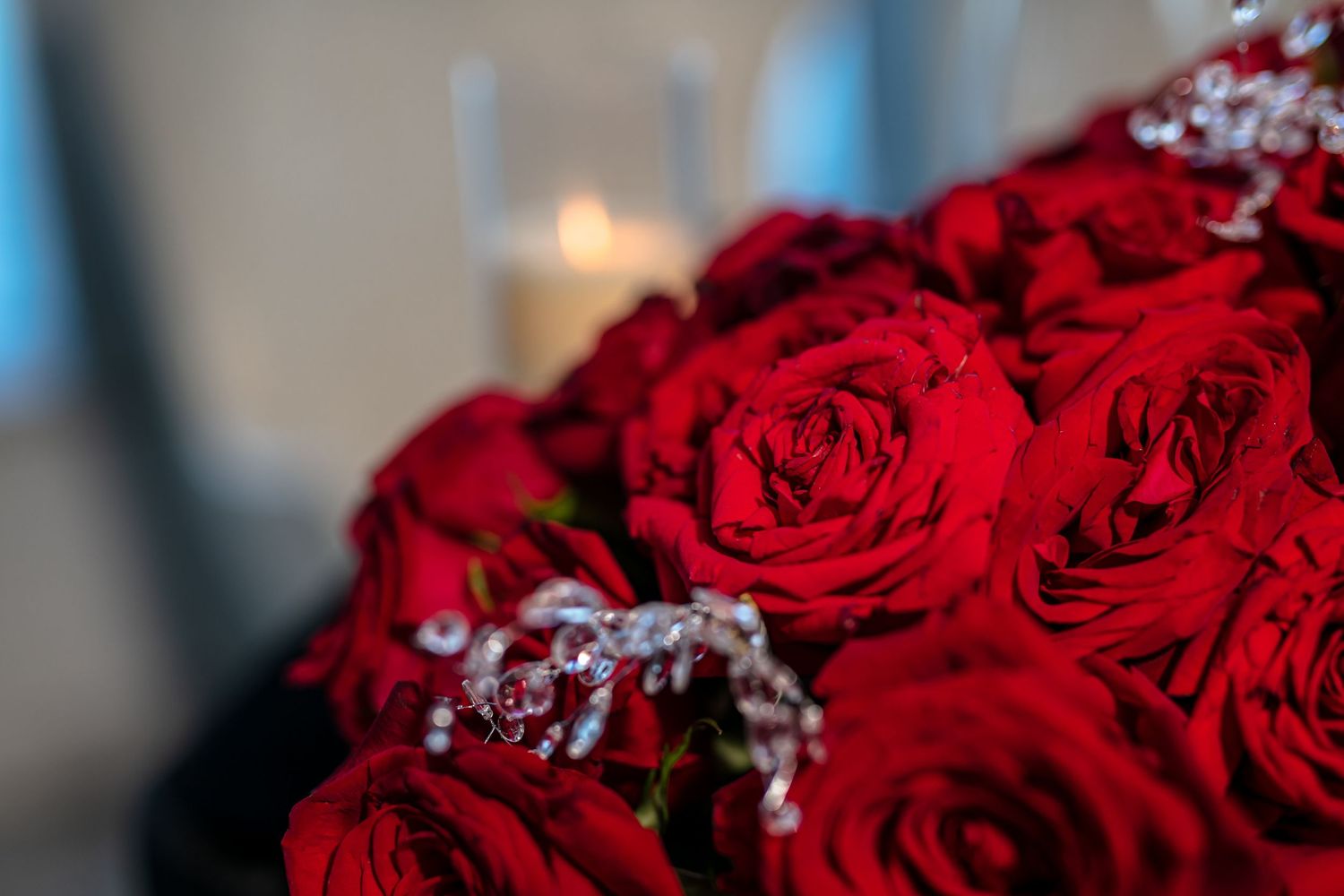 A close-up view of vibrant red roses with delicate white baby's breath flowers arranged in a romantic bouquet.