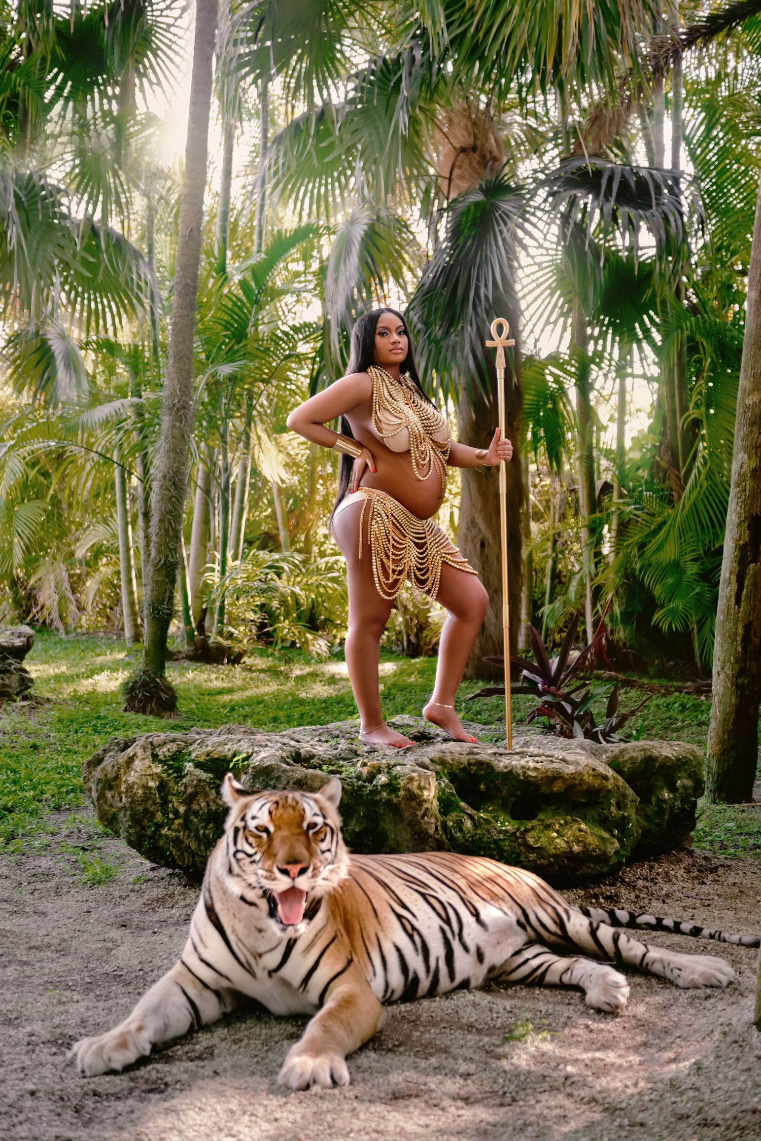 Tropical photoshoot featuring traditional tribal costume and majestic tiger in lush palm forest setting.