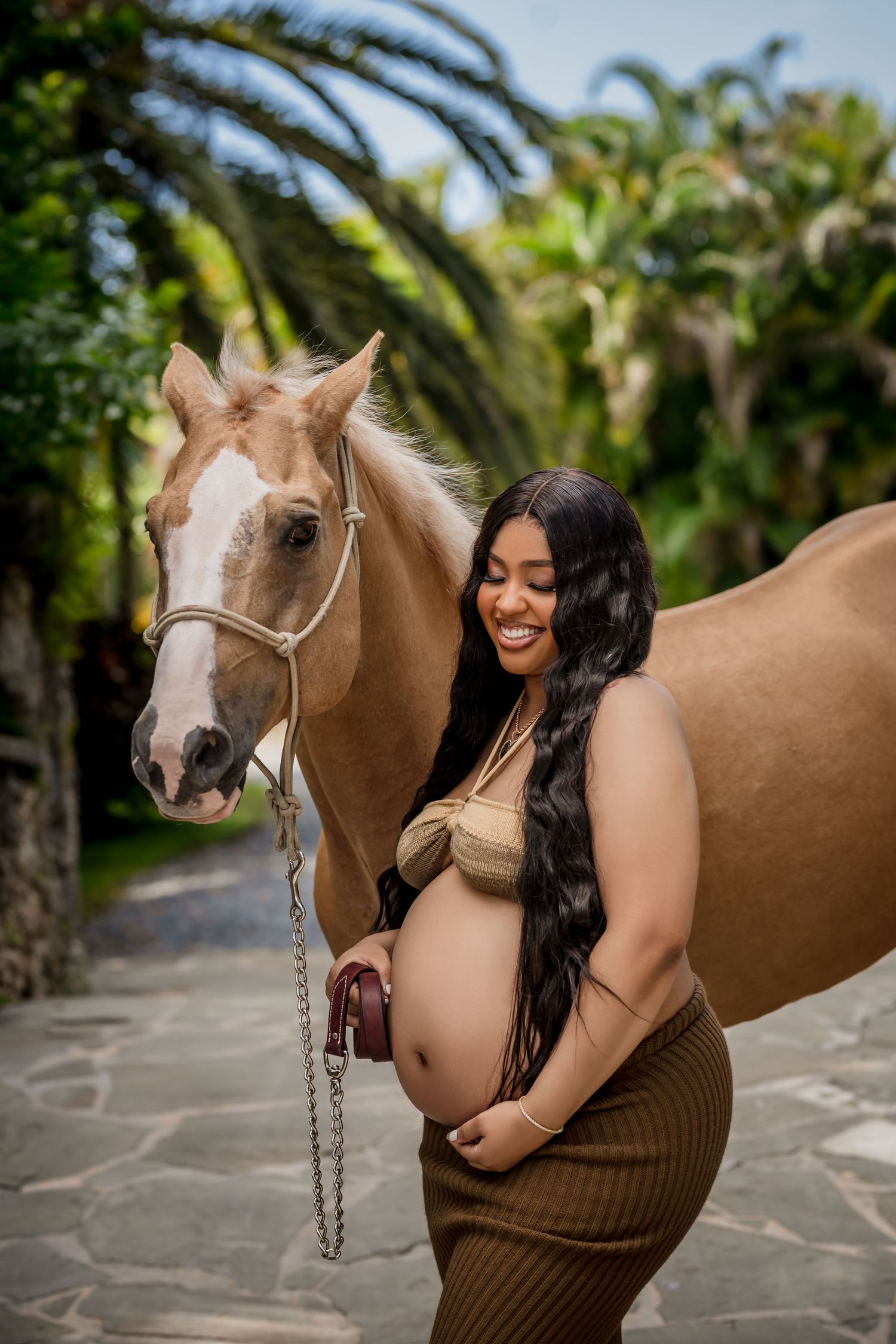 A beautiful palomino horse stands with someone in a brown sweater against a tropical palm tree backdrop.