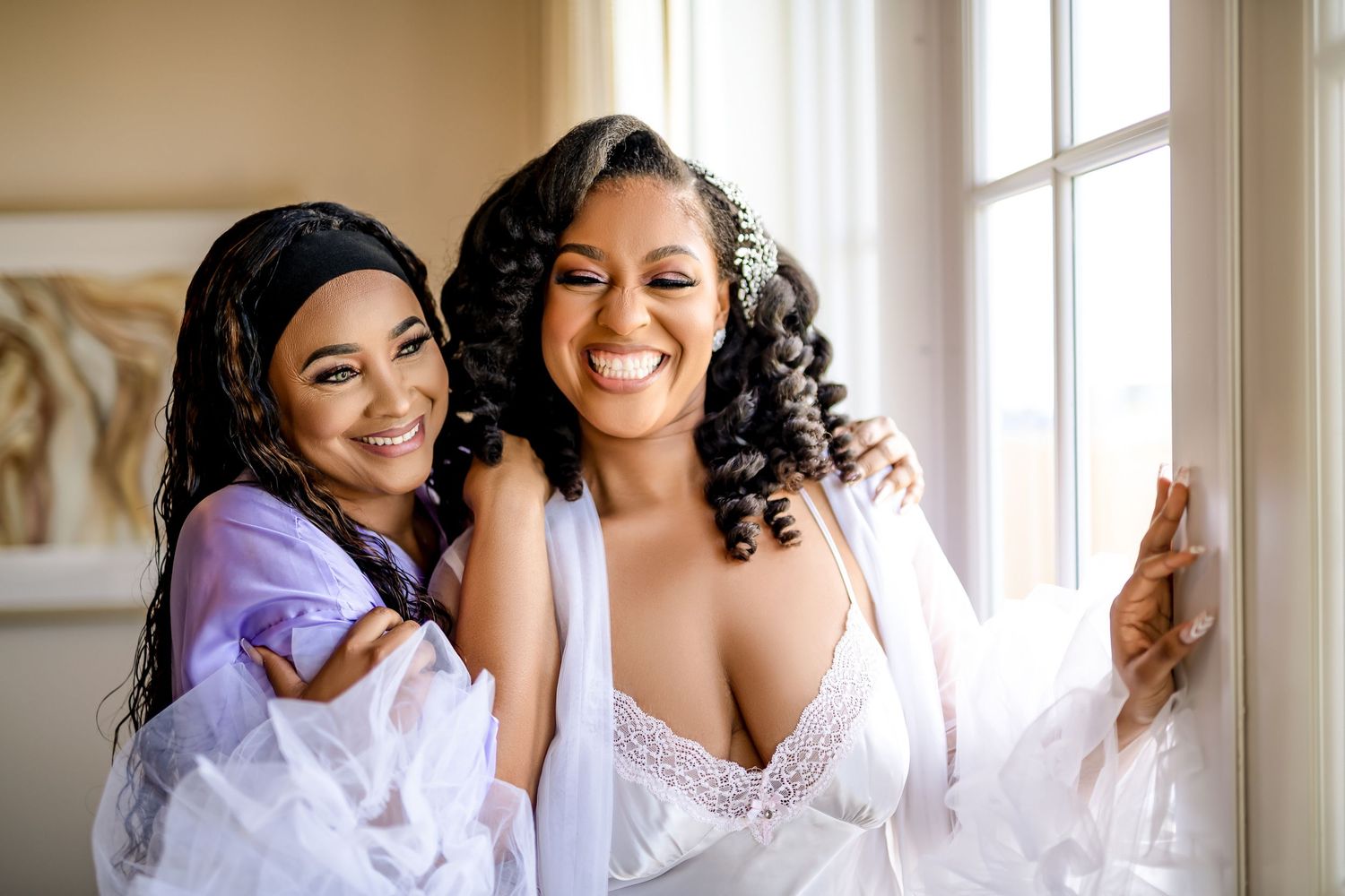 A collection of bridal party photos showing joyful moments near bright windows in a modern indoor setting.