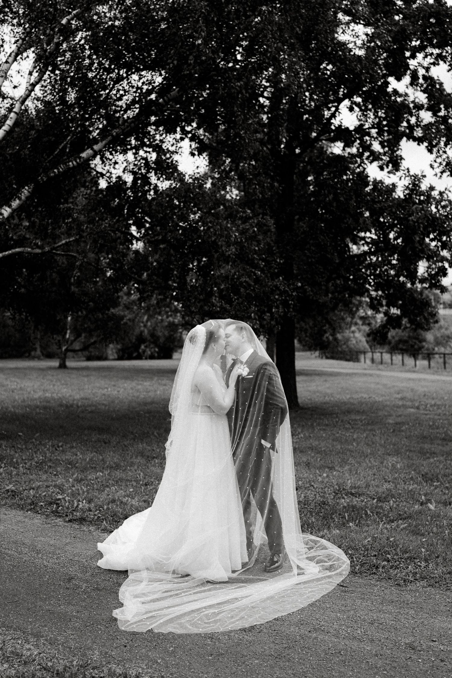 Black and white wedding portrait with flowing veil in garden setting.