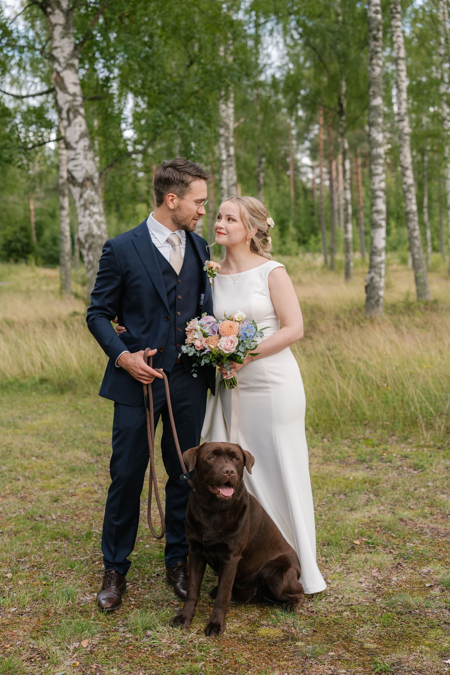 Wedding couple poses with their chocolate Labrador in a scenic birch forest setting.