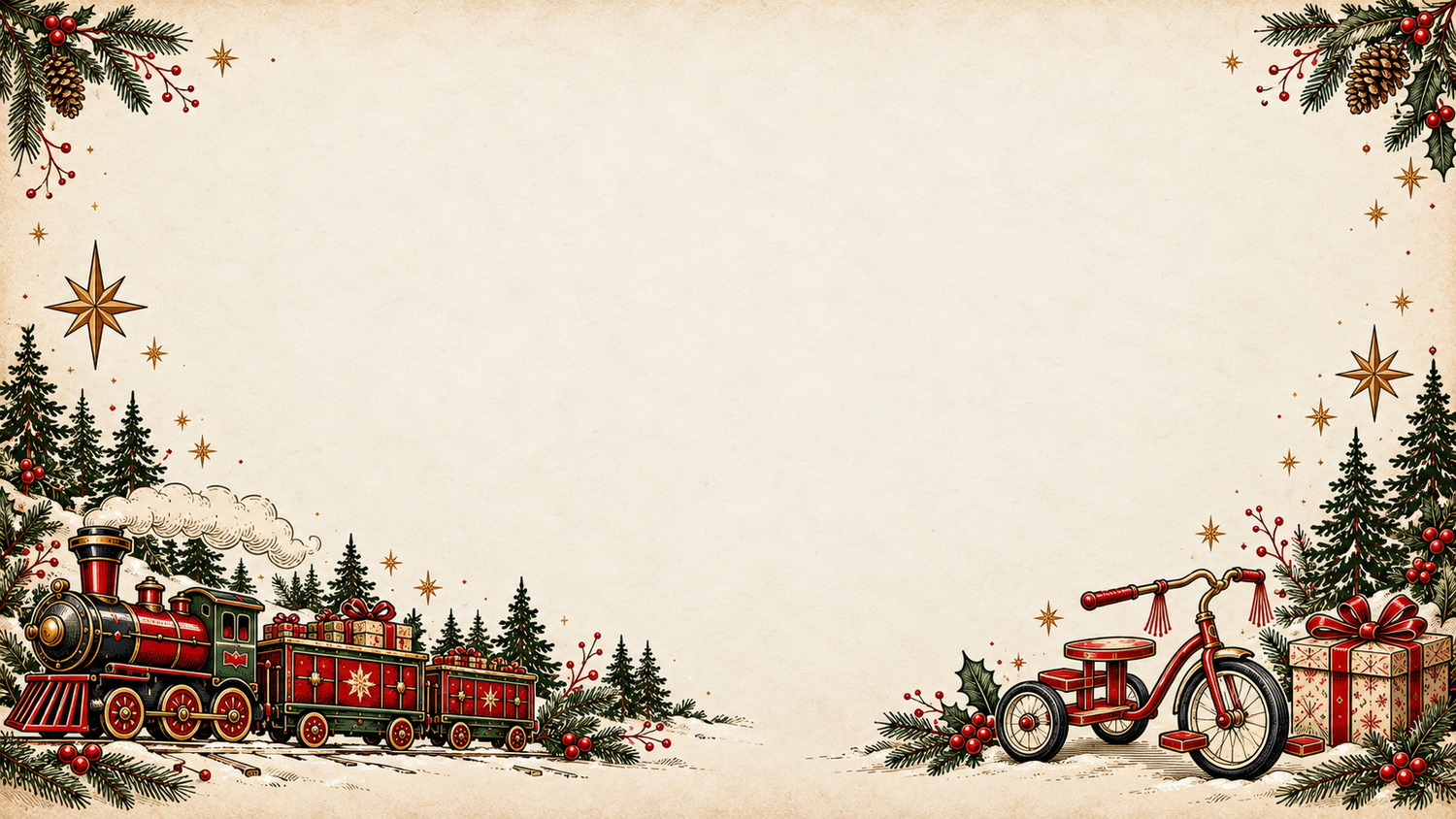 Vintage Christmas border with a red toy train, pine trees, a red tricycle, wrapped gifts and holly on a blank cream background.