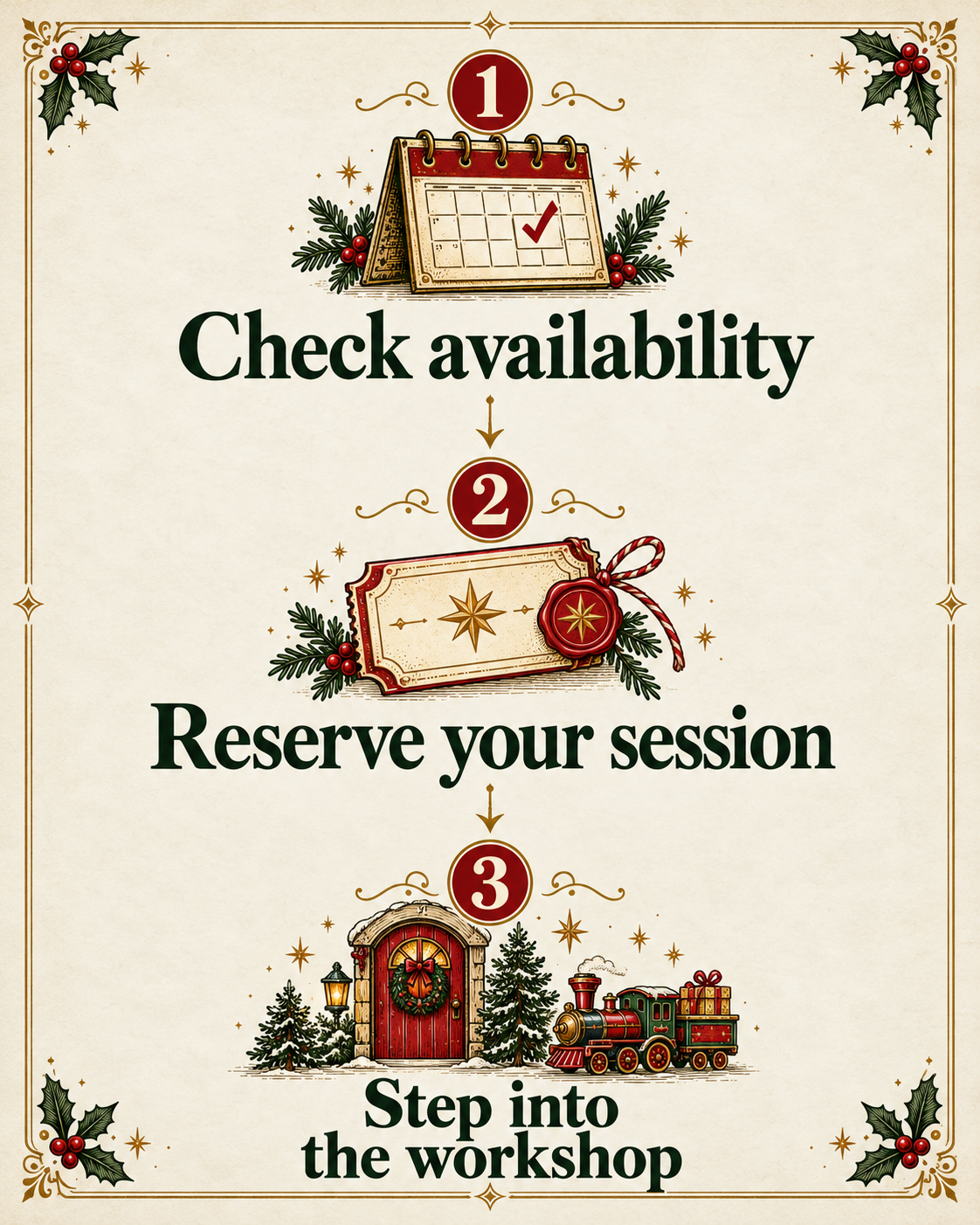 Three-step holiday booking guide: check availability on a calendar, reserve your session with a festive ticket, and step into the workshop.