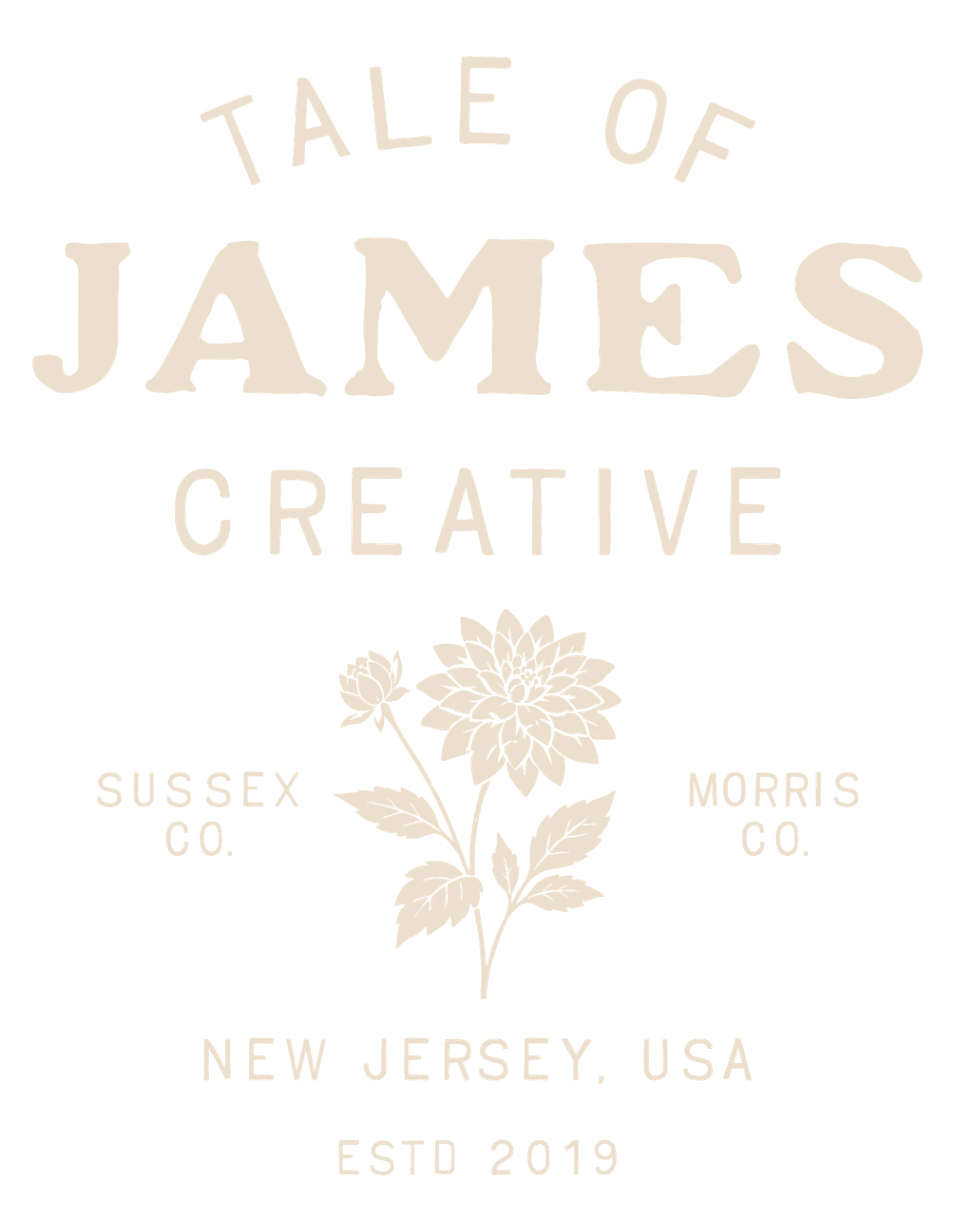 Tale of James Creative logo featuring a dahlia flower illustration, established 2019, serving Sussex and Morris County, New Jersey.