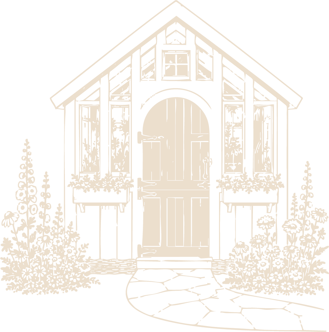 Charming illustrated cottage with arched door, flower boxes, lush garden, and stone pathway in soft beige tones.