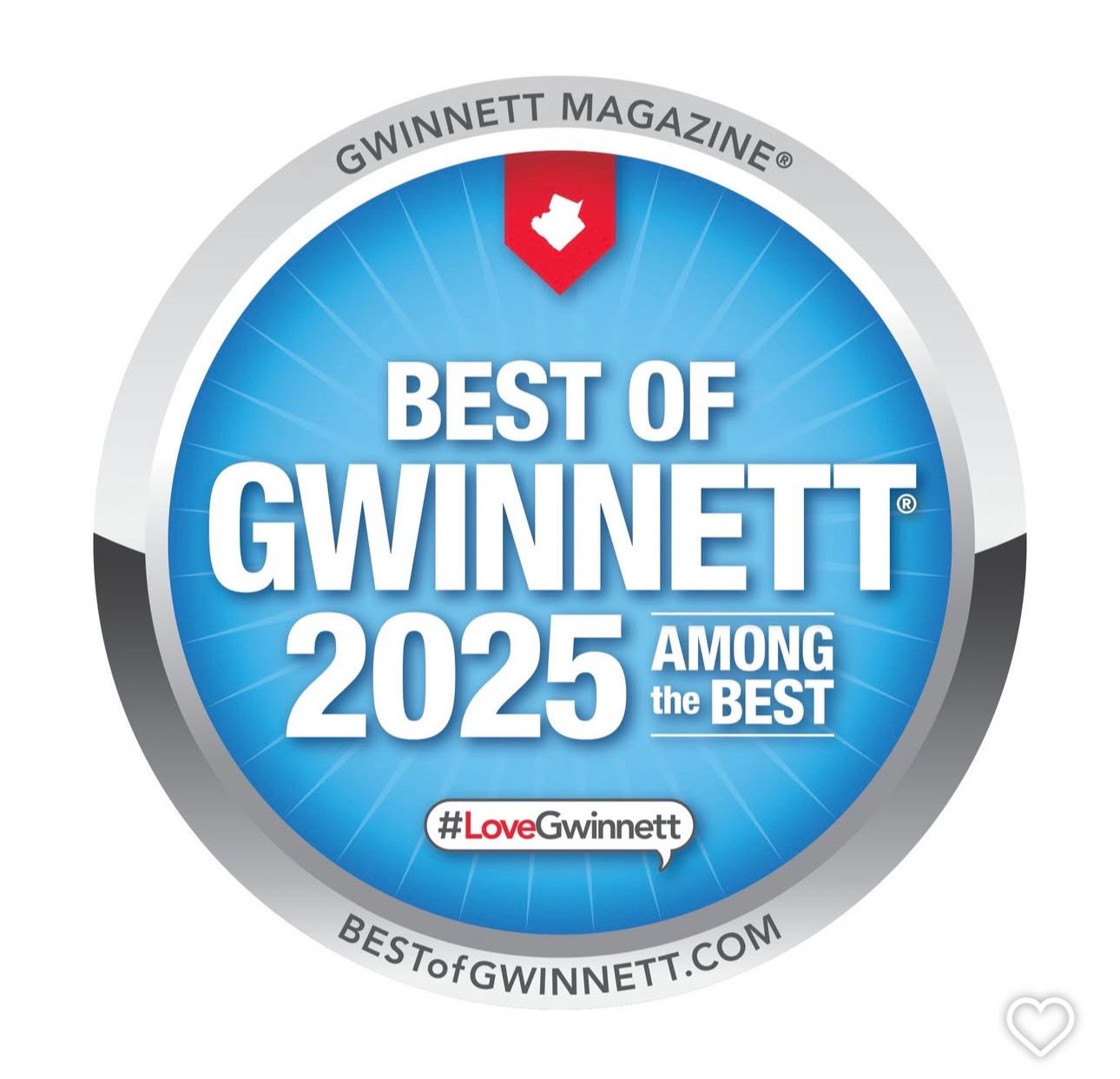 A circular blue and silver badge logo for Best of Gwinnett 2025 Among the Best award with a red diamond accent.