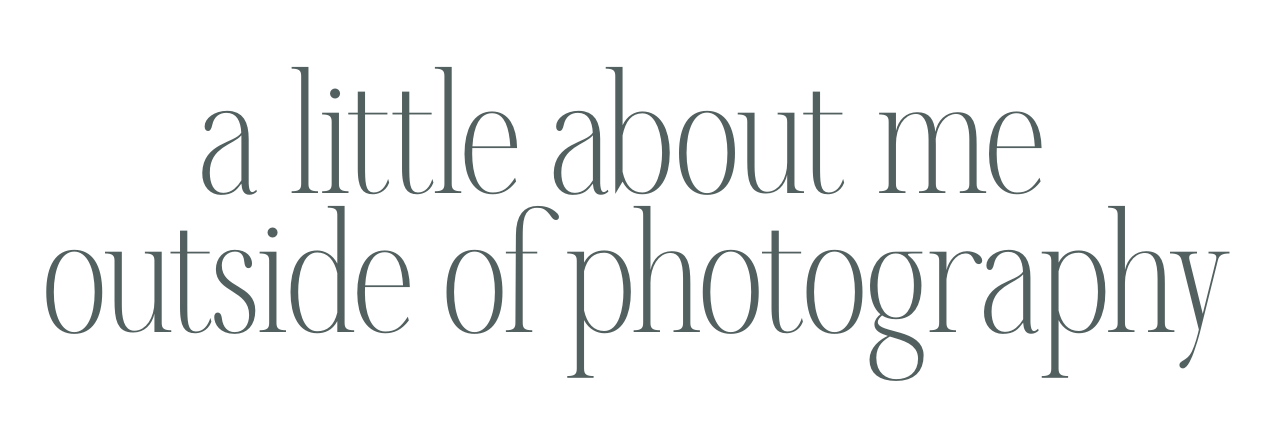 A minimalist black and white website header with text sections labeled 'a little about me' and 'outside of photography'.