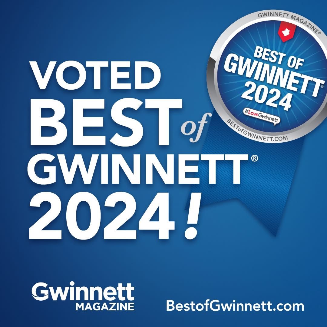 Blue promotional banner for Best of Gwinnett 2024 magazine with award badges.
