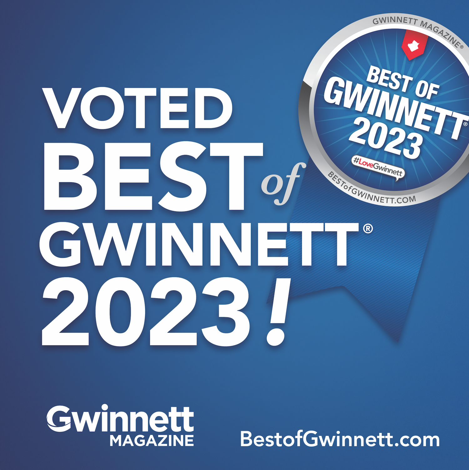 Best of Gwinnett 2023 award badge design on blue gradient background.
