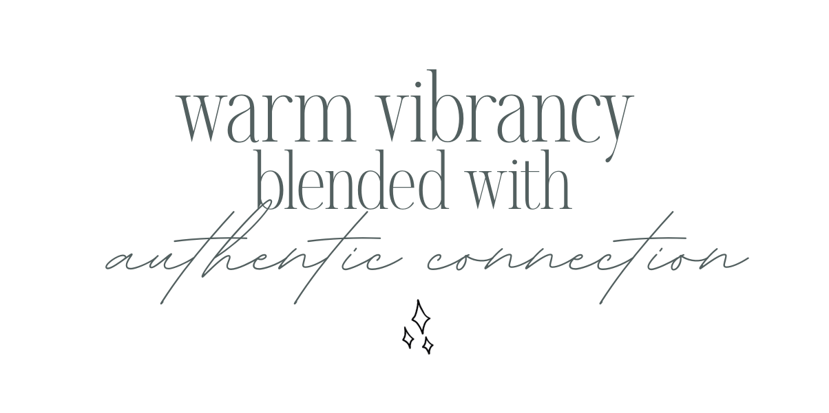 Decorative text overlays reading 'warm vibrancy' and 'blended with authentic connection' on a light neutral background.