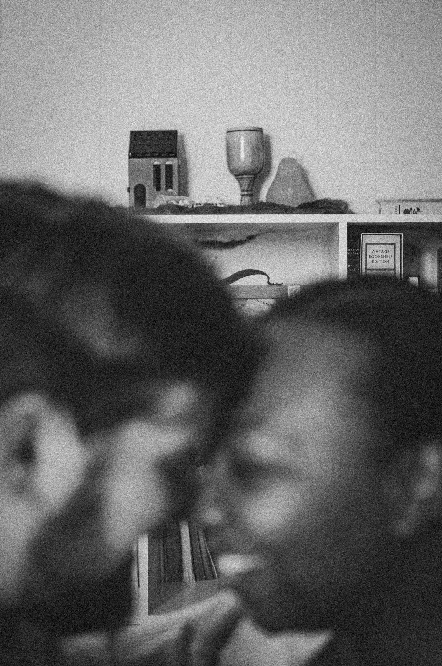 Black and white photo of two people in foreground with decorative shelf displaying miniature house and vase behind them.