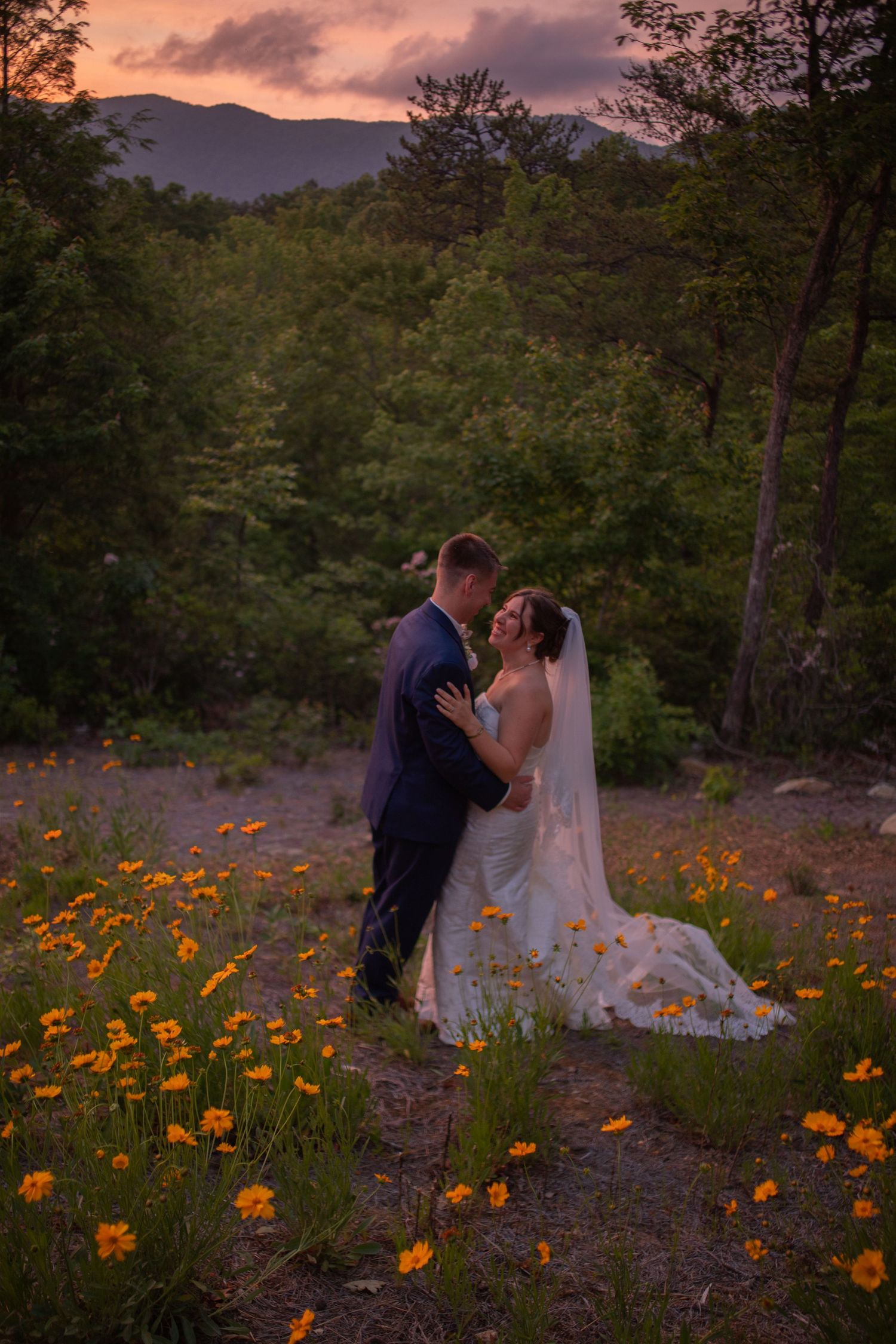 Bride and groom embrace in a field of orange wildflowers at sunset with mountain forest backdrop.