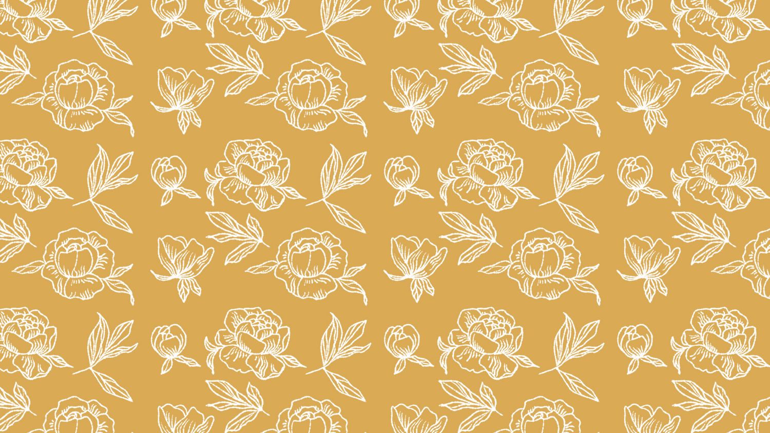 Golden yellow background with white floral line art pattern featuring peonies and leaves repeating seamlessly.