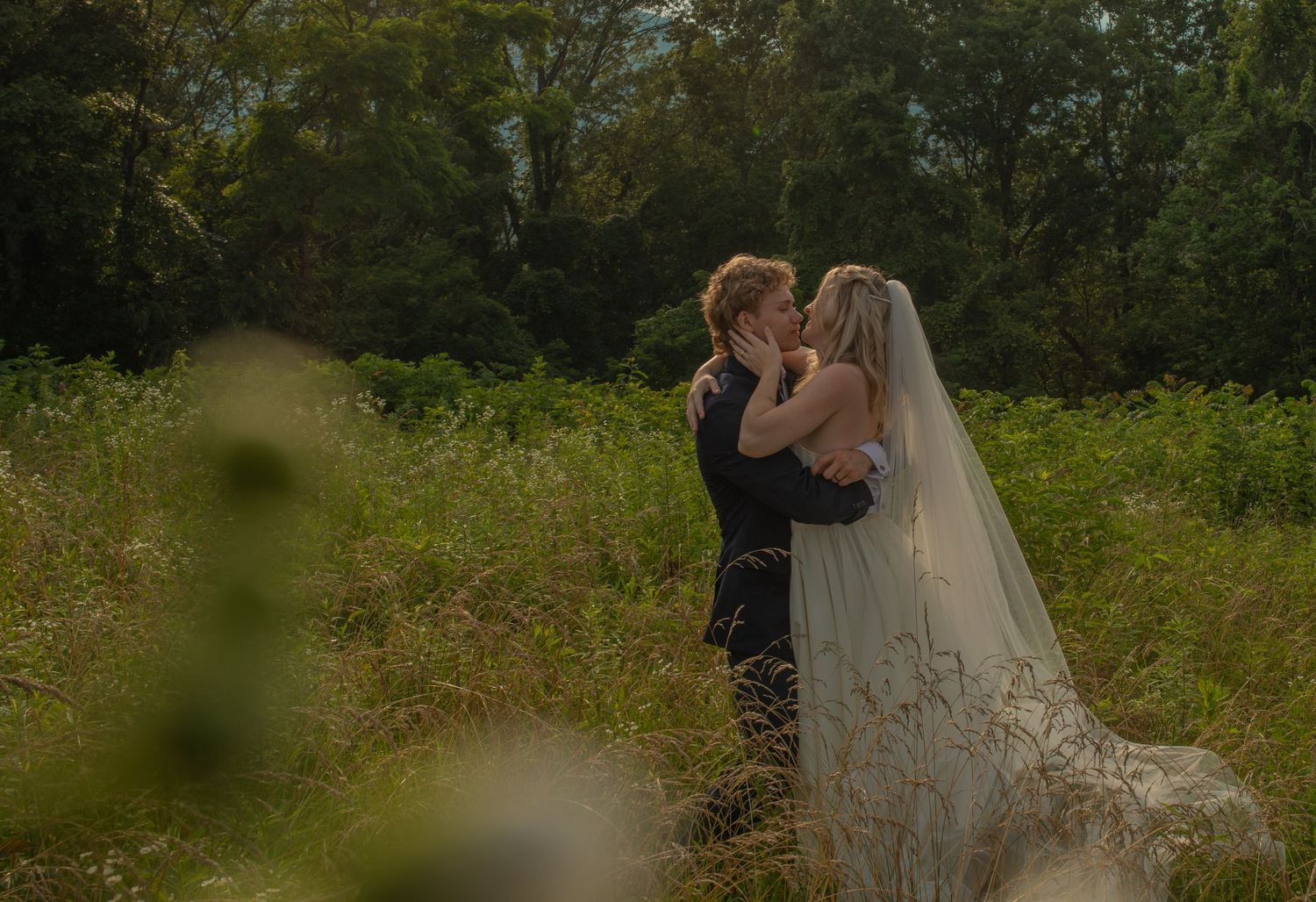 A bride and groom share a romantic kiss in a lush green meadow, the bride wearing a flowing veil.