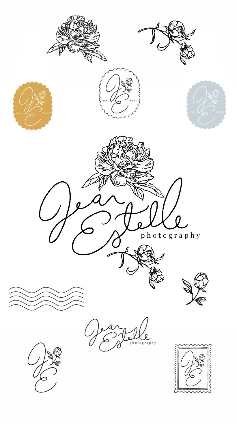 Elegant photography brand identity design featuring cursive logo, floral elements, and decorative stamps in gold and blue tones.