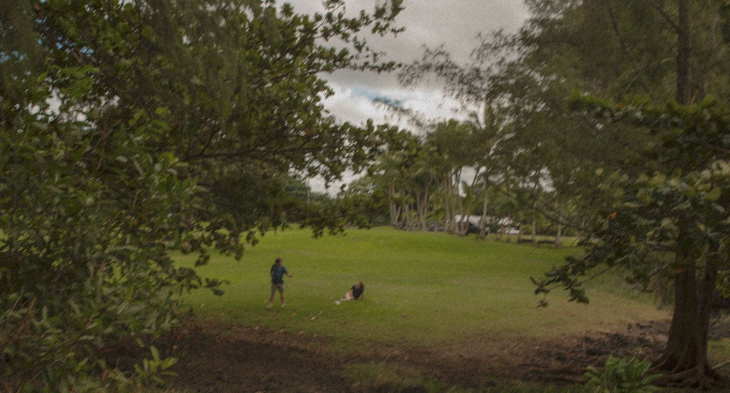 A scenic view of a lush green golf course with scattered trees and rolling hills in the background.
