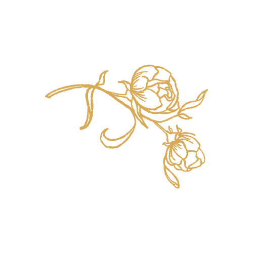 Golden floral design featuring two roses and delicate vine-like stems against a black background.