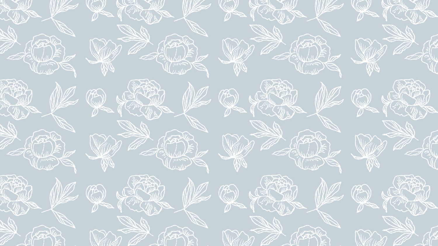 Soft blue-gray seamless pattern featuring delicate white line-art peony flowers and leaves on a muted background.