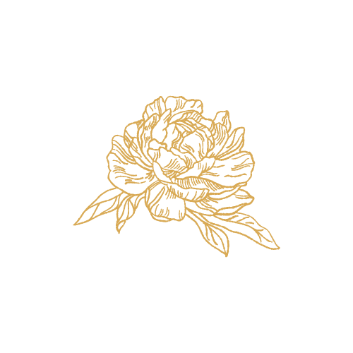 A shimmering gold peony flower illustration with delicate line art on a black background.