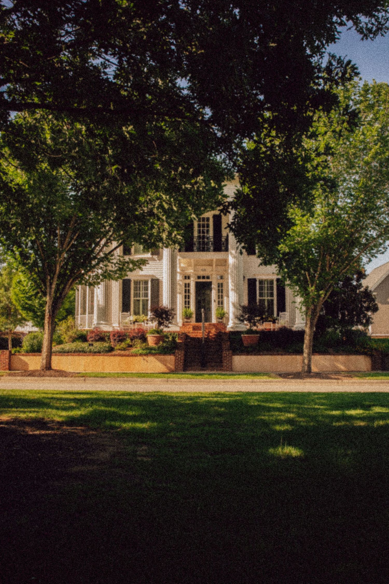A stately white colonial mansion with tall windows and mature trees in the front yard.