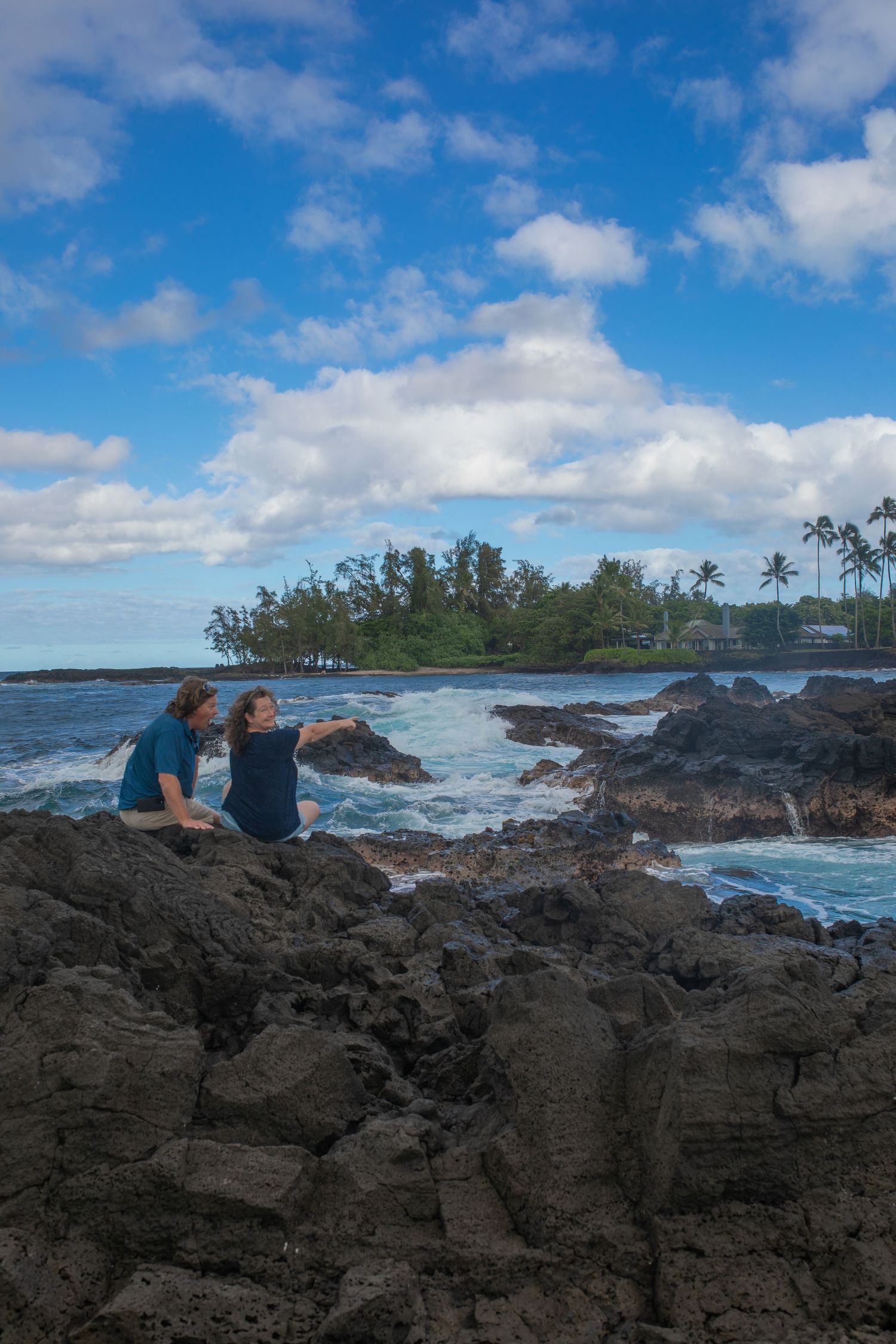 Two people sit on black volcanic rocks overlooking a scenic Hawaiian coastline with crashing waves and palm trees.