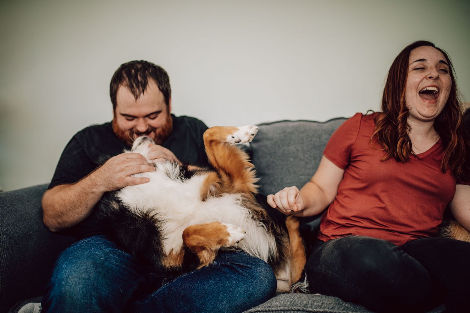 Joyful interaction between people and dog on a comfortable grey couch.