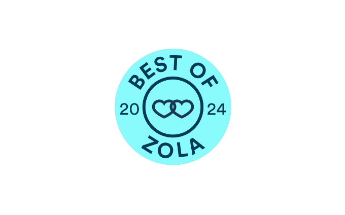 Professional wedding photography award badge from Zola featuring a blue circular design for 2024.