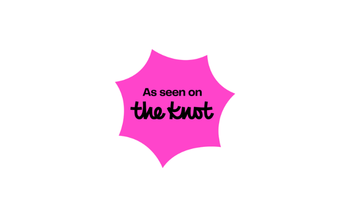 Pink star-shaped logo for The Knot wedding website featuring 'As seen on' text.