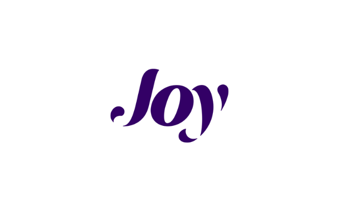 Elegant purple Joy wedding planning website logo with stylized text.
