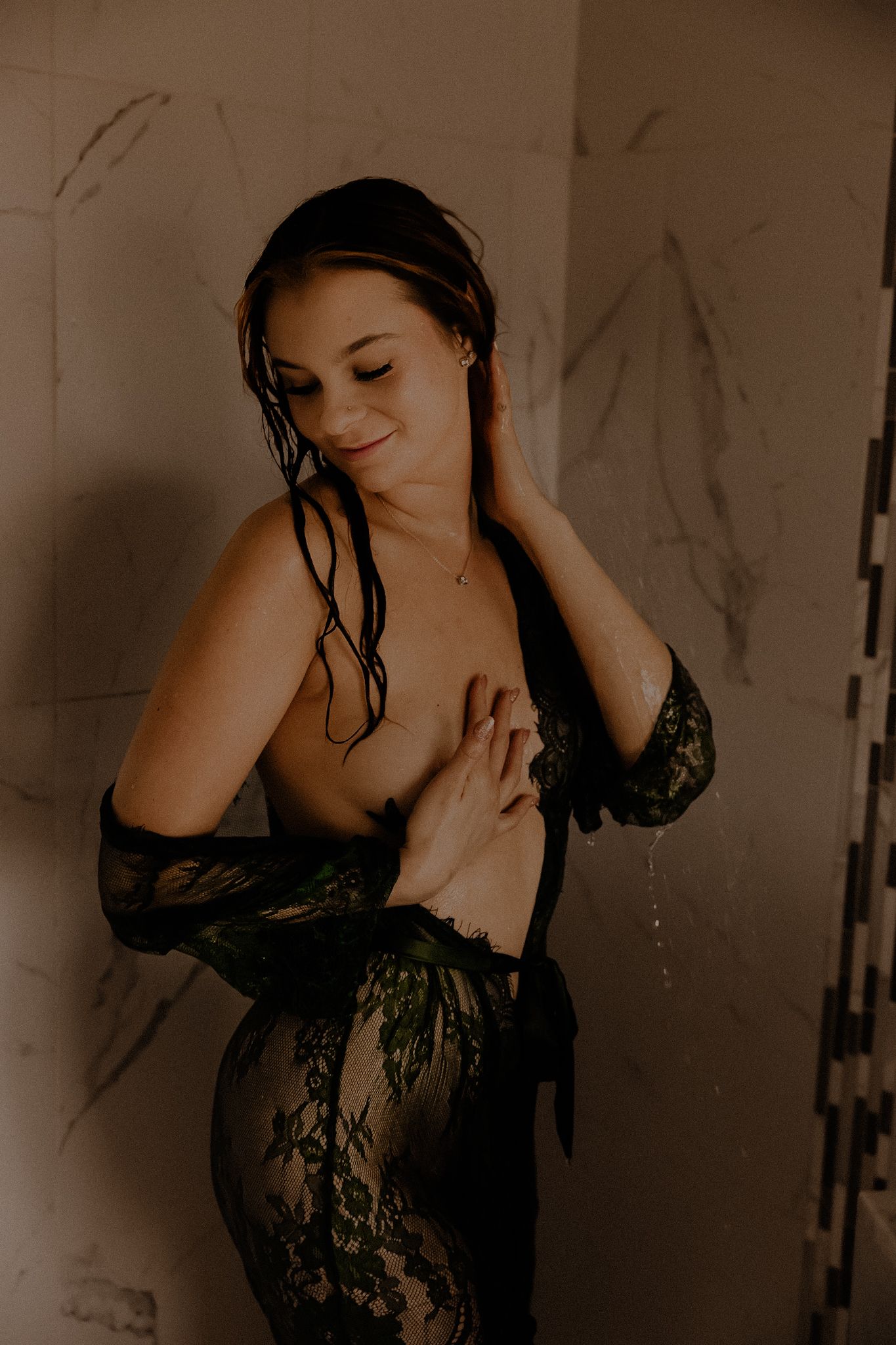 Shower boudoir. Water droplets on the body.