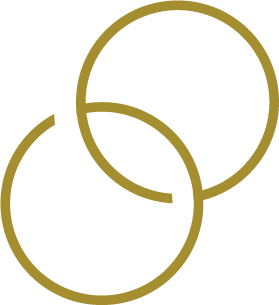 Two overlapping golden circles forming an abstract ring-like design against a dark background.