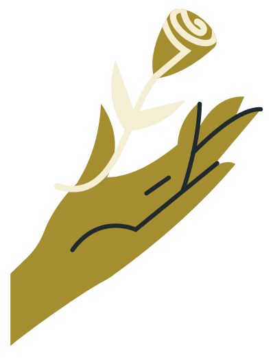 A minimalist illustration of a golden hand holding a stylized rose flower with circular spiral petals.