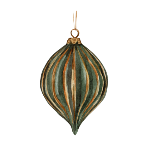 Vintage green and gold striped Christmas ornaments in teardrop shapes arranged in a row against white background.