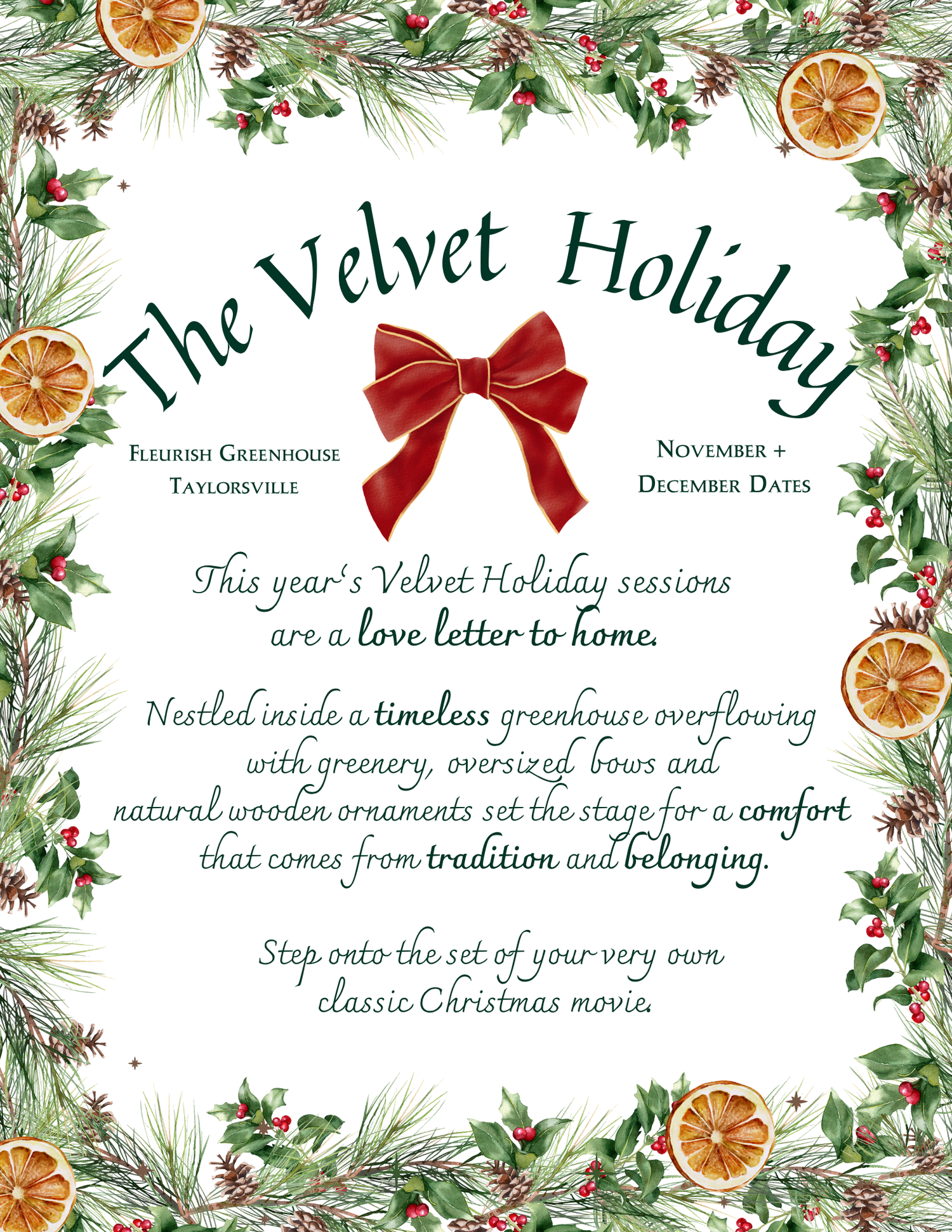 Elegant Christmas banner design with pine branches, dried orange slices, red bows and holiday text on white background.