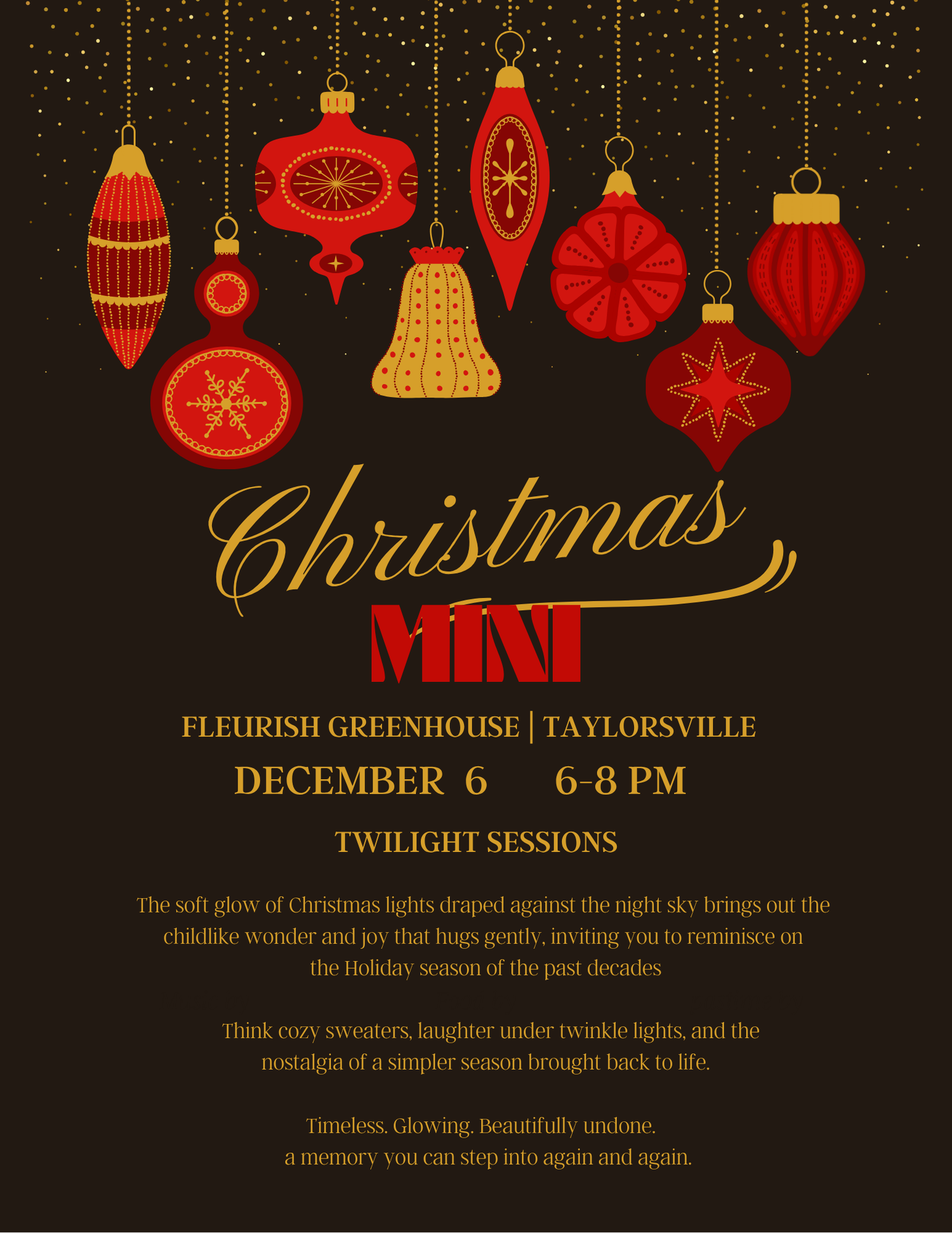 Elegant Christmas ornament design in red and gold with event details for a twilight session at Fleurish Greenhouse.