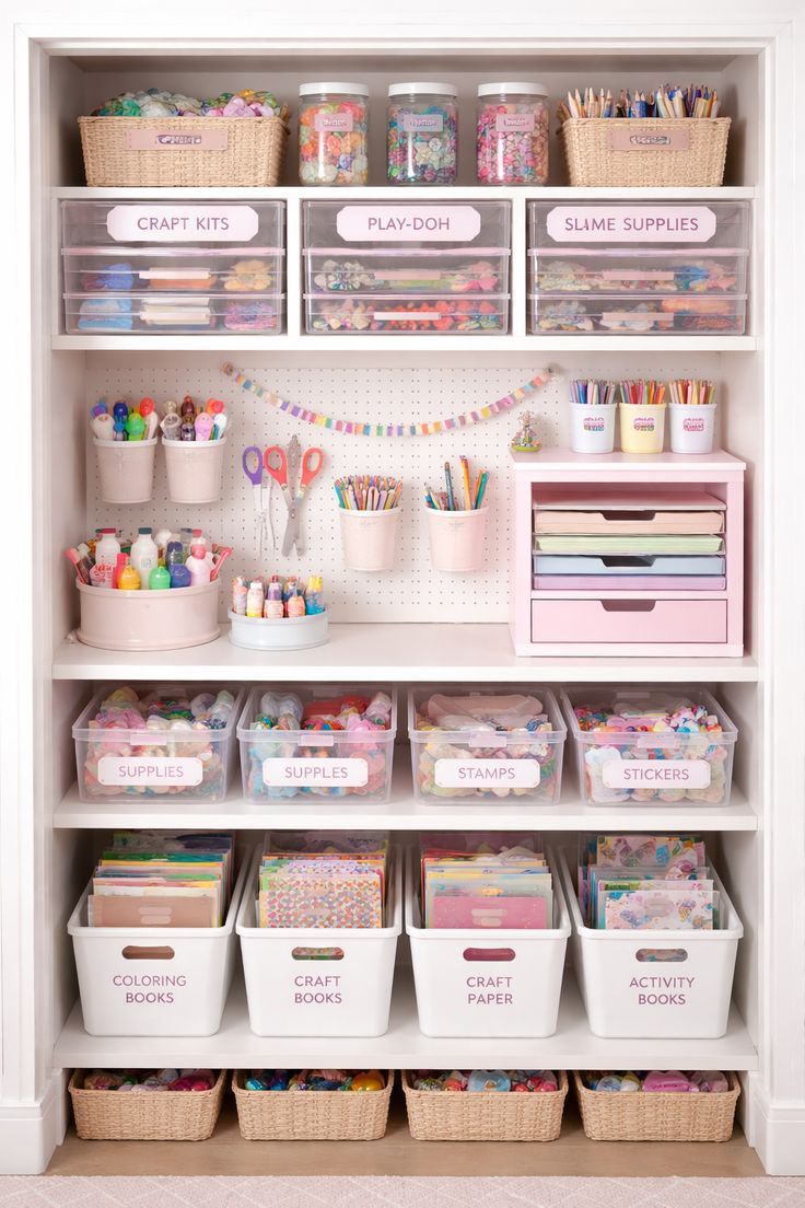 Organized craft room shelving unit with labeled storage bins and pink accents displaying art supplies and decorative items.