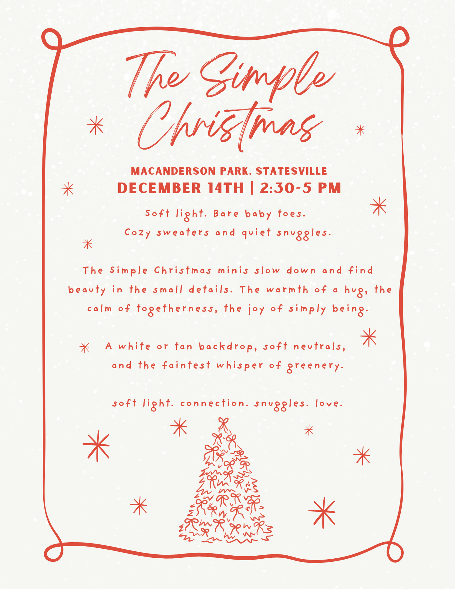 Simple red text design with Christmas themed decorative elements and event details arranged in a minimalist layout.