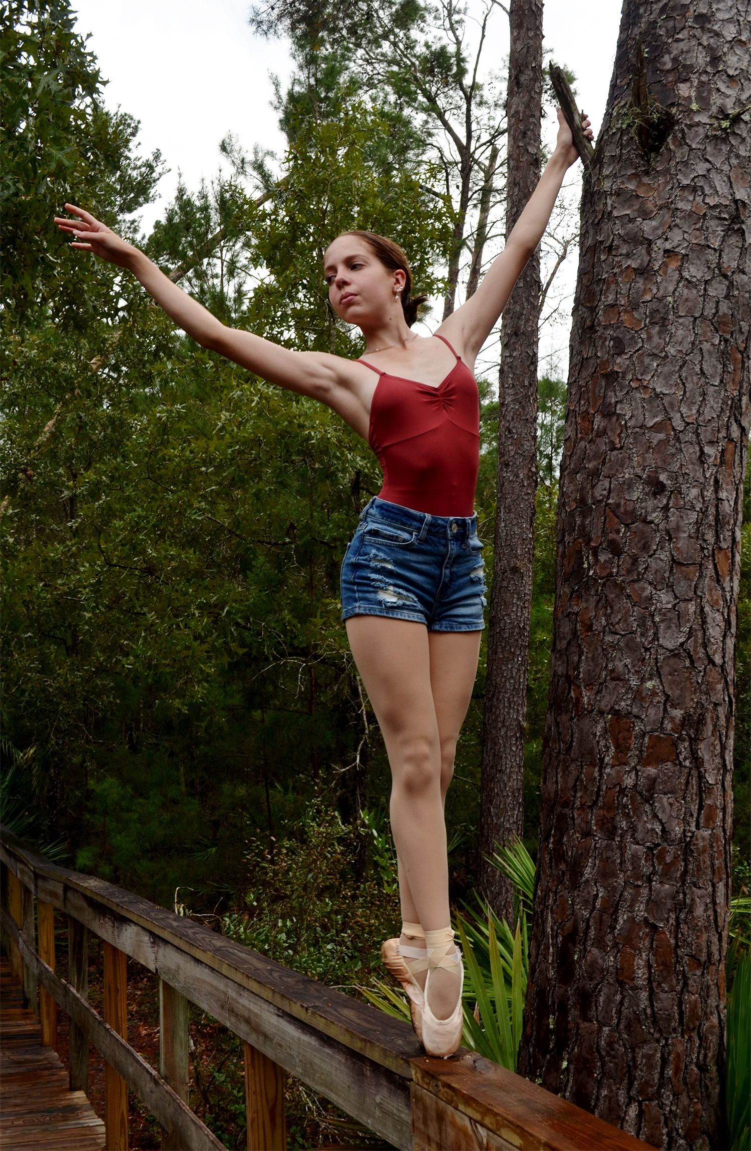Ballet dancer balancing on pointe on a wooden railing, arms outstretched beside tall pine trees.